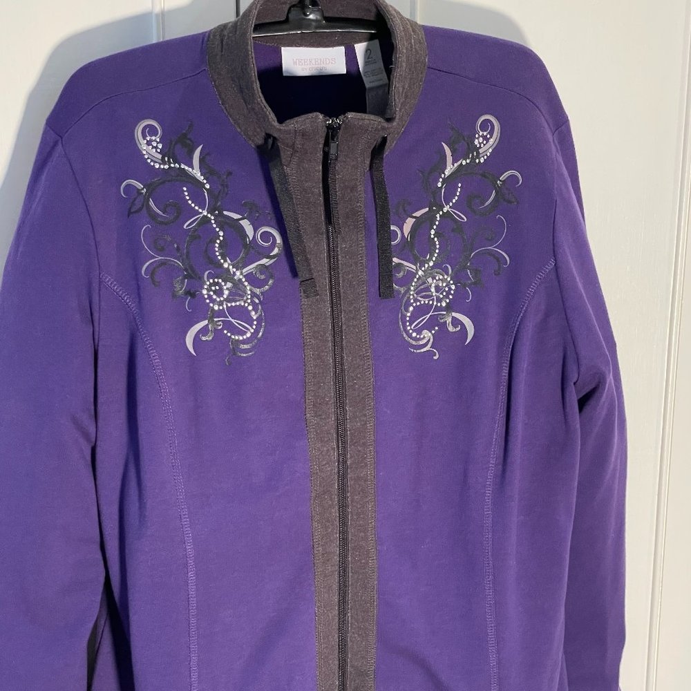 Chico's Weekend Jacket lightweight sweats.  Purple with dark grey trim / zipper.